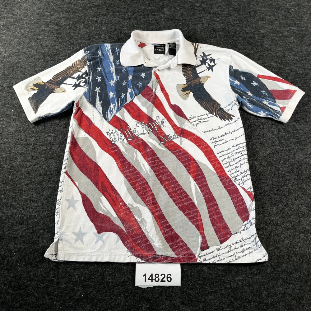 Americana Cotton Traders Sport Polo Shirt Mens Medium White Patriotic Eagle Flag